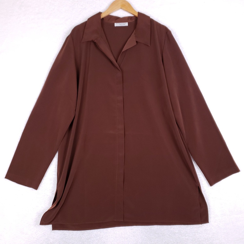 Kensington Square Brown Long Sleeve Tunic Blouse Hidden Button Front Made in USA
